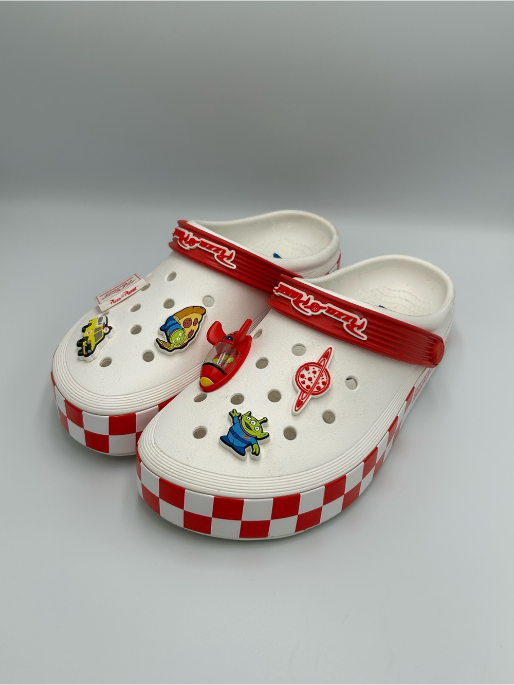 Crocs X Toy Story Pizza Planet Off-Court Red White M-7 W-9 Shoes Clogs